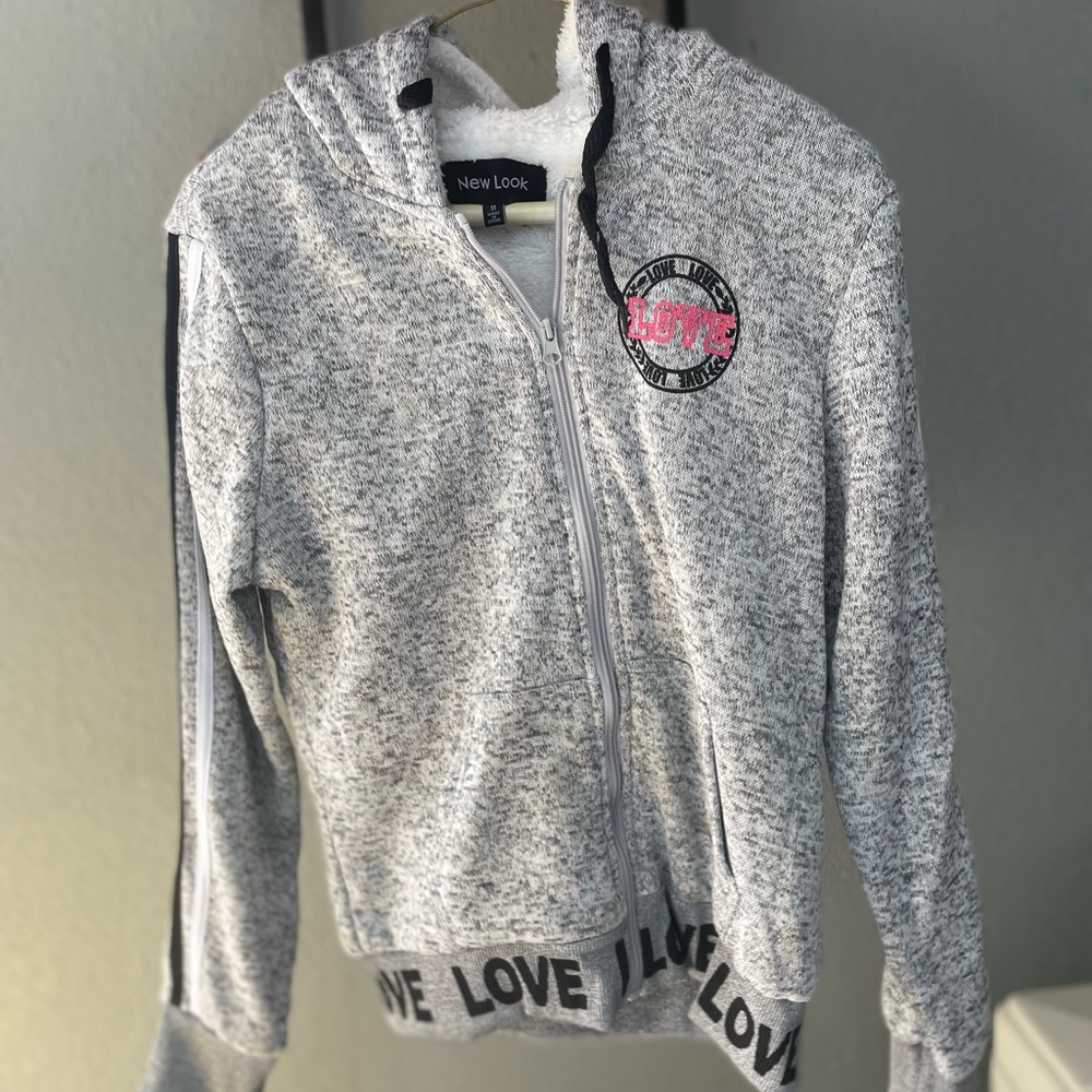 Gray hooded sweater that says love white soft fur inside size large